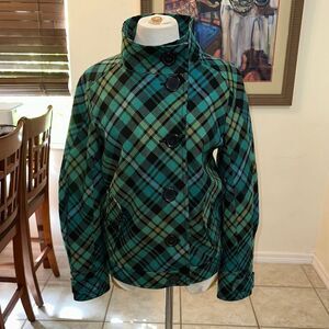 Jones New York Plaid Women's Jacket - Green/Black w/ Large Buttons Size Medium